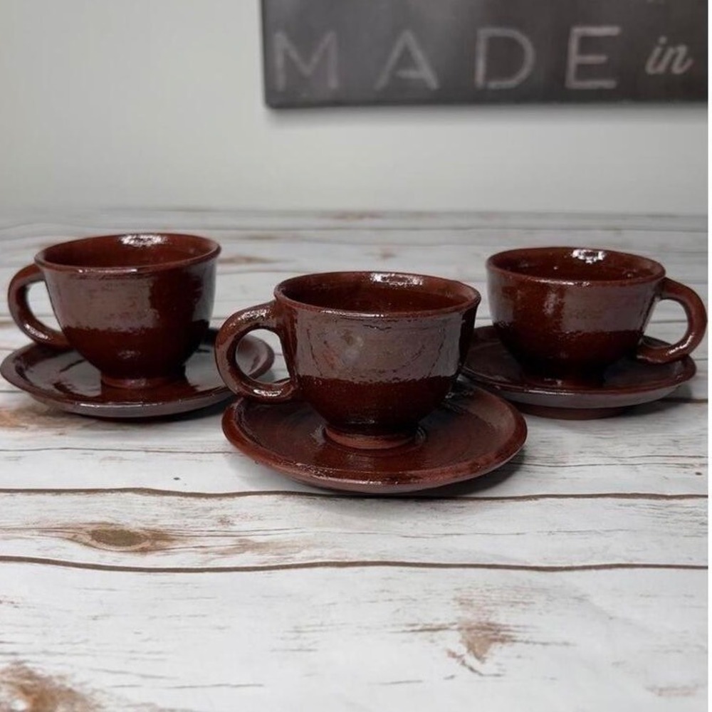 Handmade Red Clay Espresso Cups and Saucers Set of 3 Dark Brown Glossy‎ Rustic